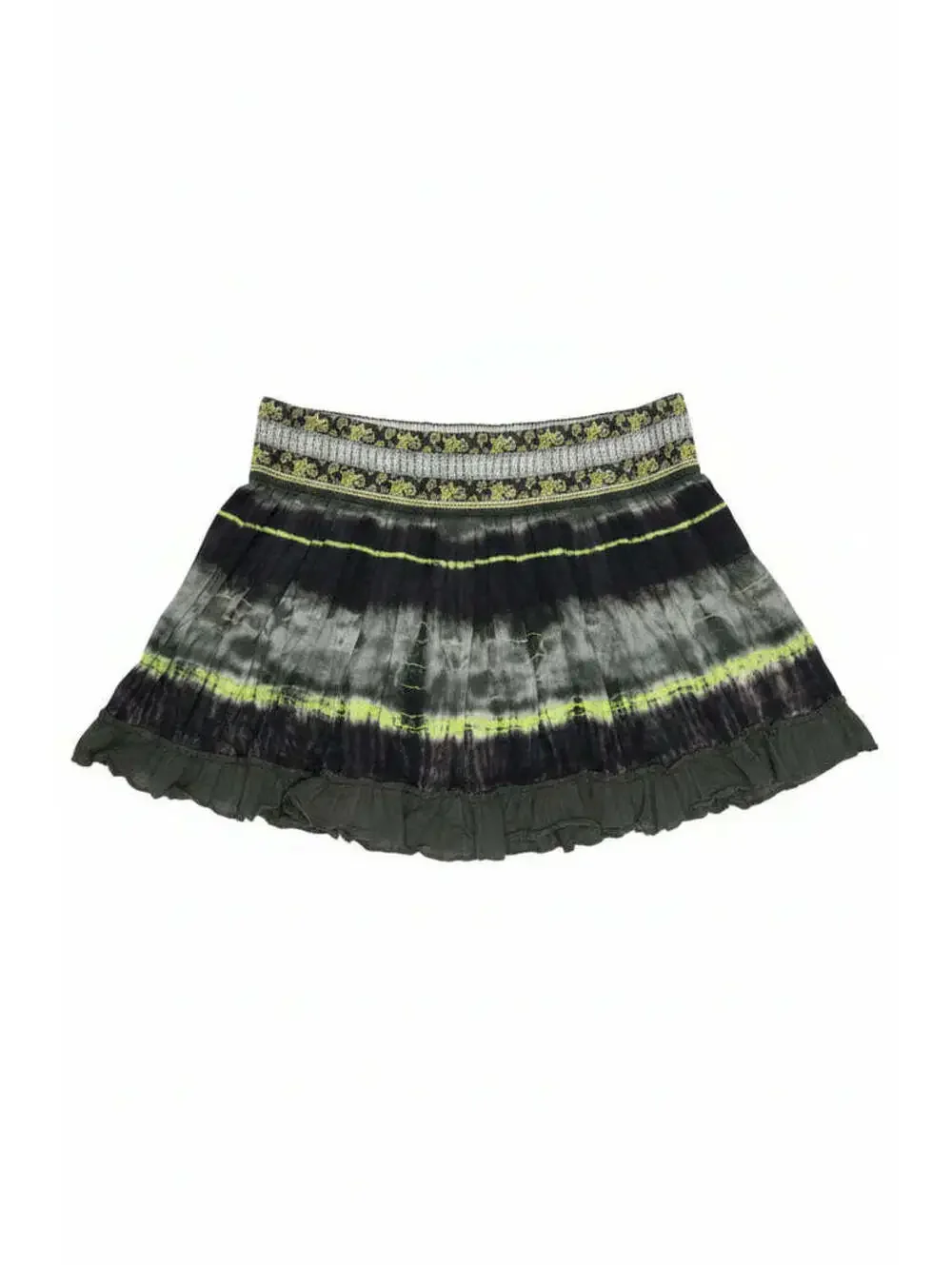 Free People Tie Dye Tiered Boho Mini Skirt Olive Size L Pre-Loved